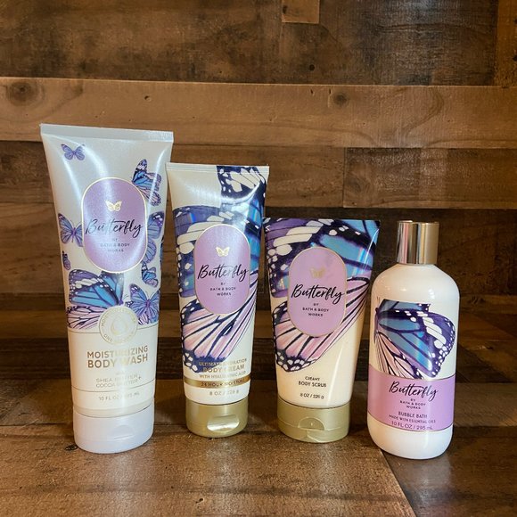 4-Piece Bath & Body Works Butterfly Body Wash Scrub Cream & Bubble Bath